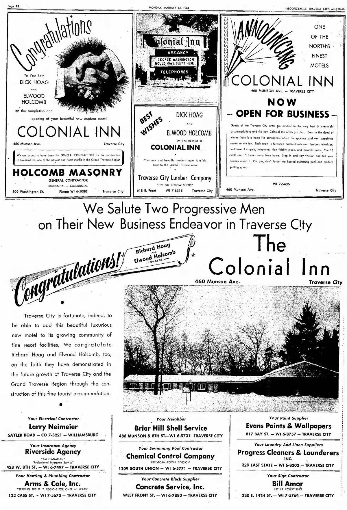 Colonial Inn (Comfort Inn Traverse City) - Jan 1964 Opening Ads (newer photo)